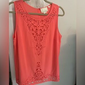 Cynthia Rowley M 100% silk Eyelet top Rich Coral EUC back key hole hook closure